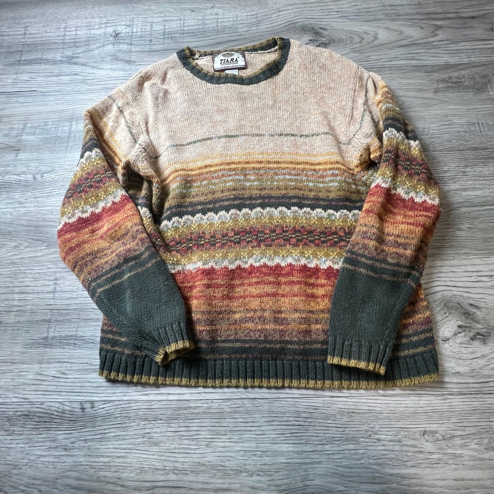 Tiara International Sweater Womens Multi Striped Fair Isle Ramie Cotton Vintage